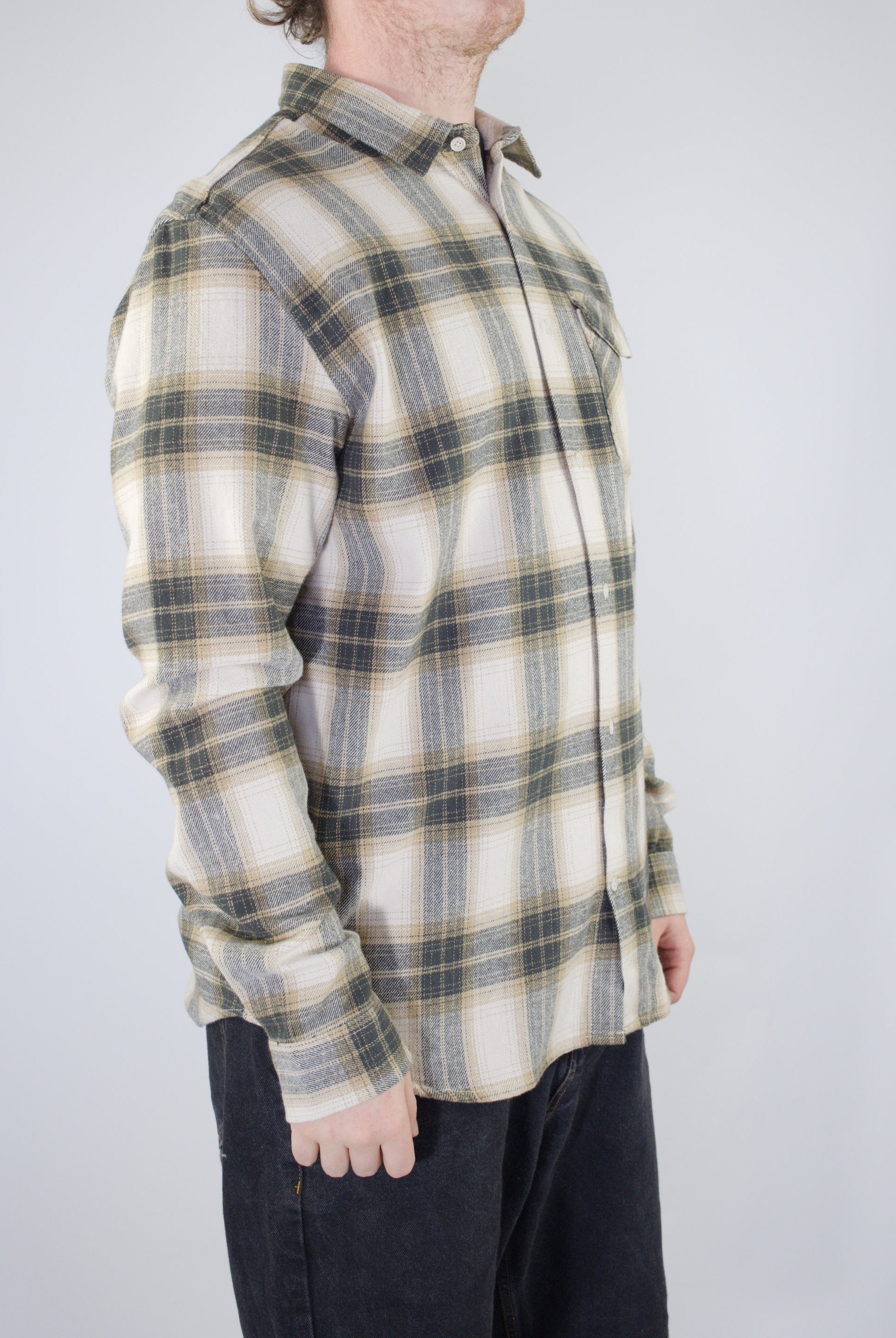 2xl dc shoes marshal flannel shirt beige / tan / grey 2 xl last plaid flannel button up