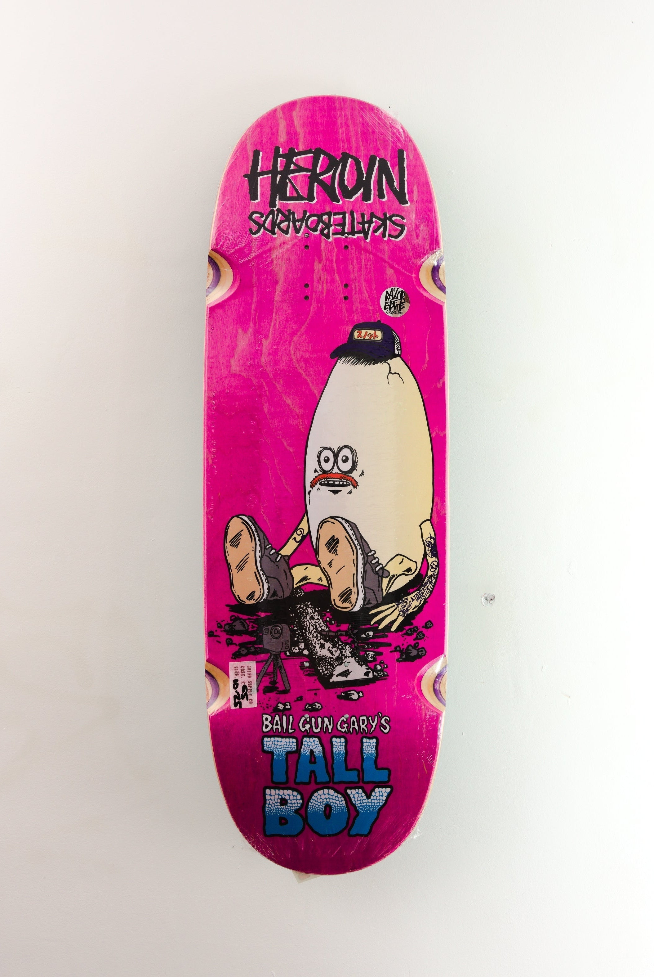 Heroin skateboards - ’bail gun gary’s tall boy’ egg shaped skateboard deck - 10.25 x 33.00 14.75/ 15.25