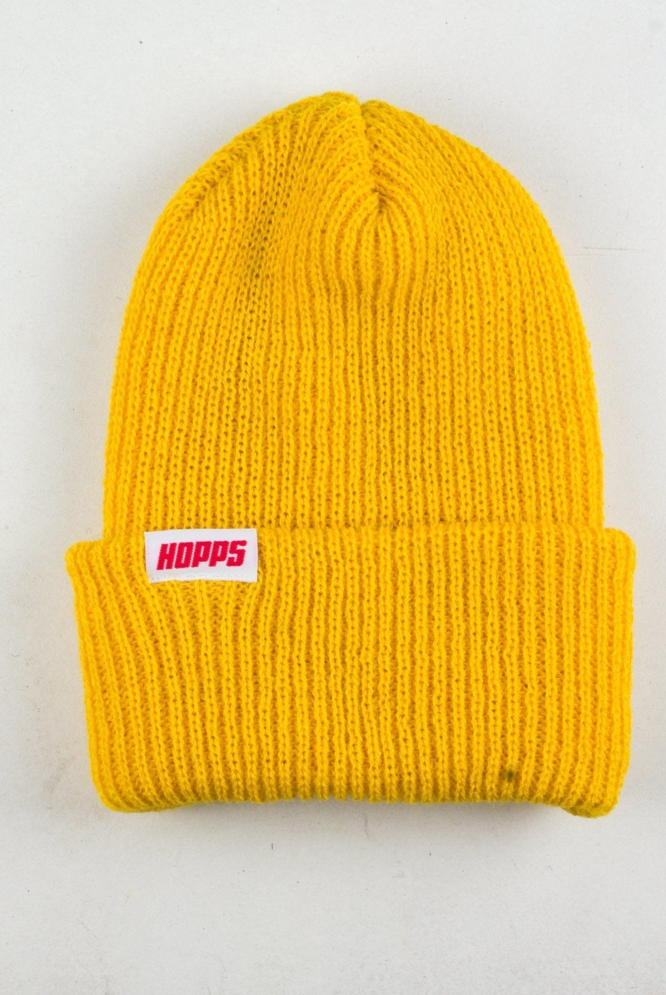 Hopps - tab beanie - fisherman style - mustard bright yellow knit