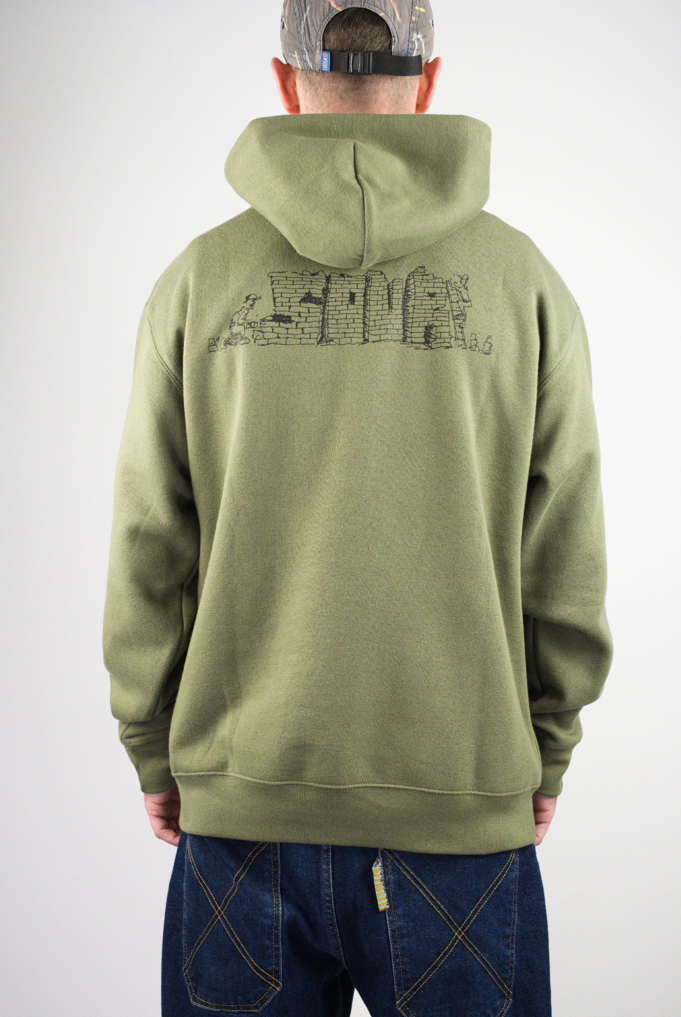 Sour solution worker hoodie - heavyweight pullover with embroidery & back print sage green hoodie