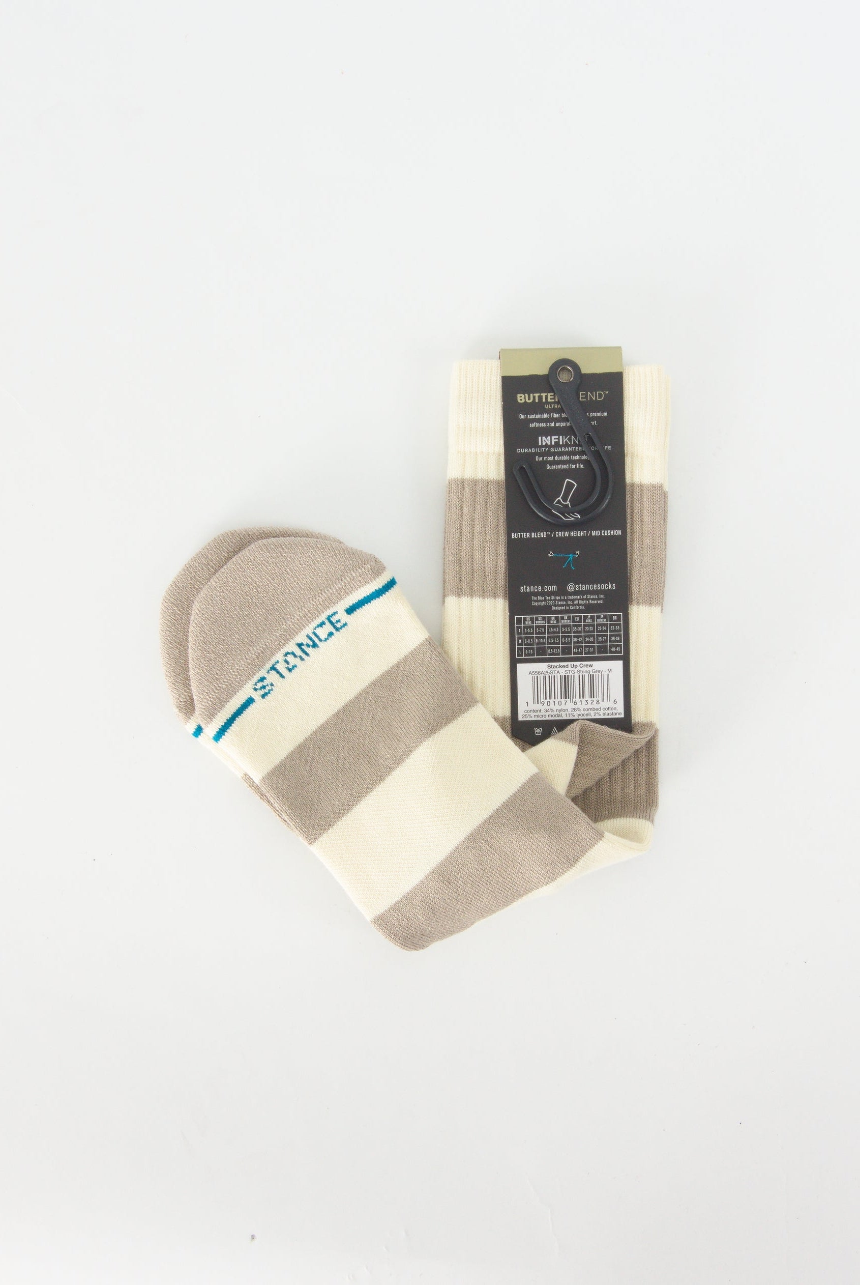 Stance butter blend with infinknit stacked up socks mid crew height string grey