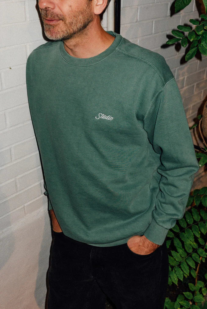 Studio - small script garment dyed crewneck - evergreen
