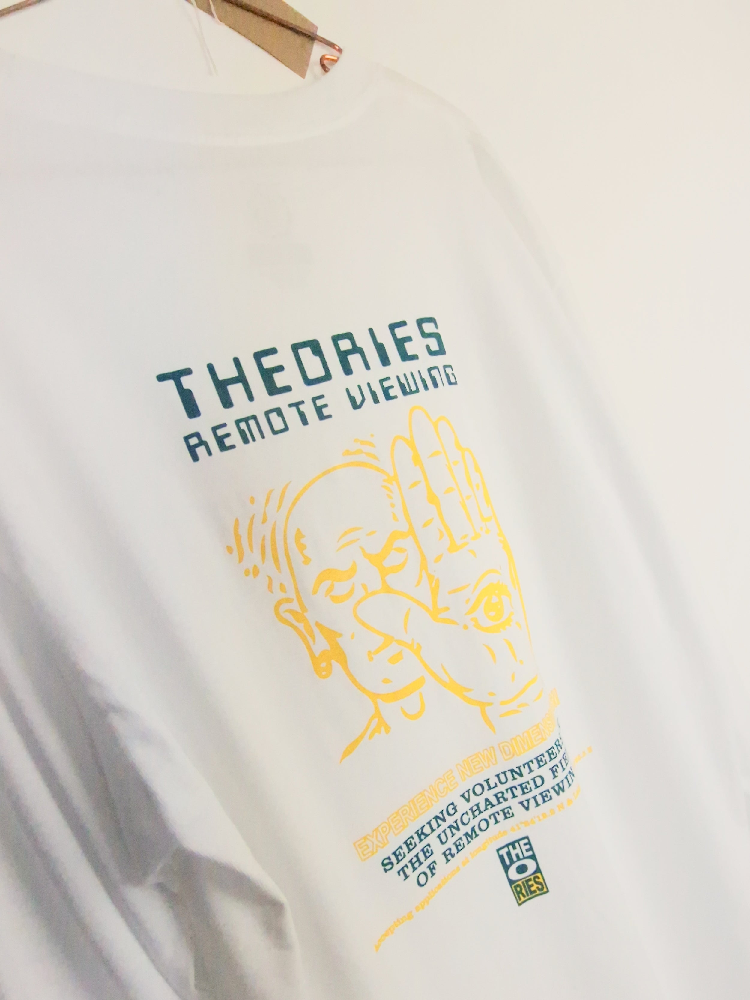 Xl theories of atlantis - remote viewing long sleeve tee shirt - white last one xl white t-shirt theories