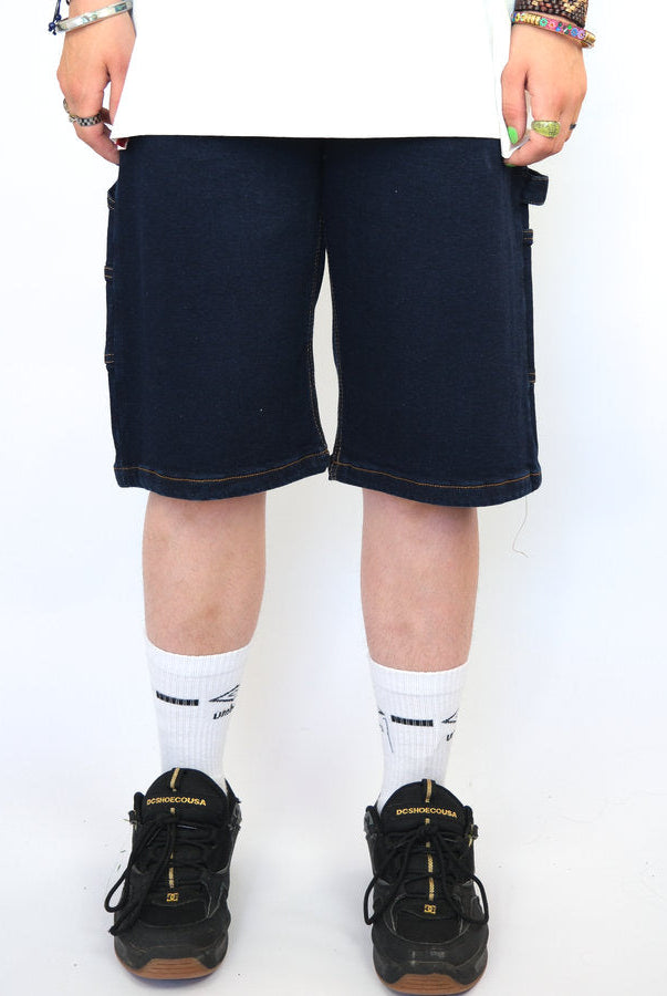 Three sixty clothing loose fit carpenter shorts indigo blue navy blue knee length