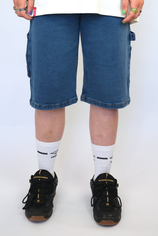 Three sixty clothing loose fit carpenter shorts mid wash blue pair legs blue