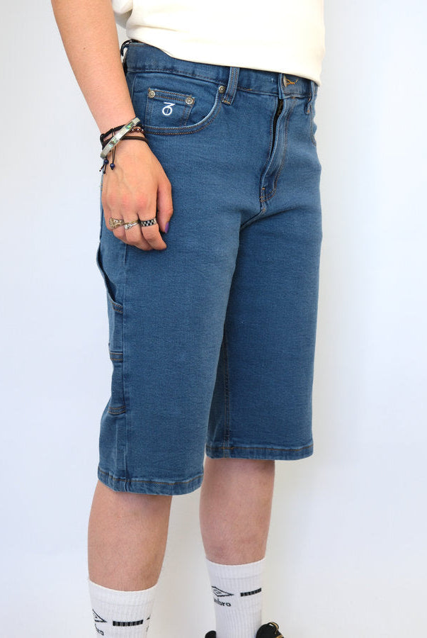 Three sixty clothing loose fit carpenter shorts mid wash blue blue denim knee length