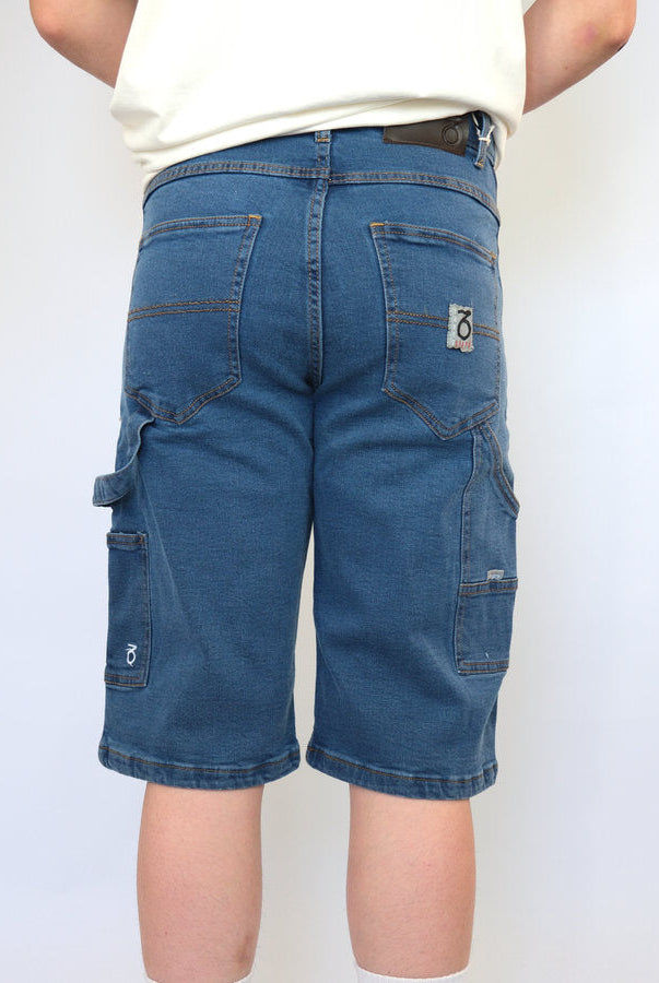Three sixty clothing loose fit carpenter shorts mid wash blue blue denim cargo