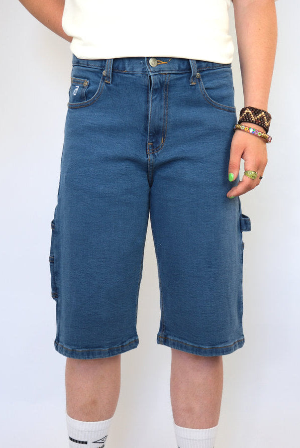 Three sixty clothing loose fit carpenter shorts mid wash blue blue denim cargo