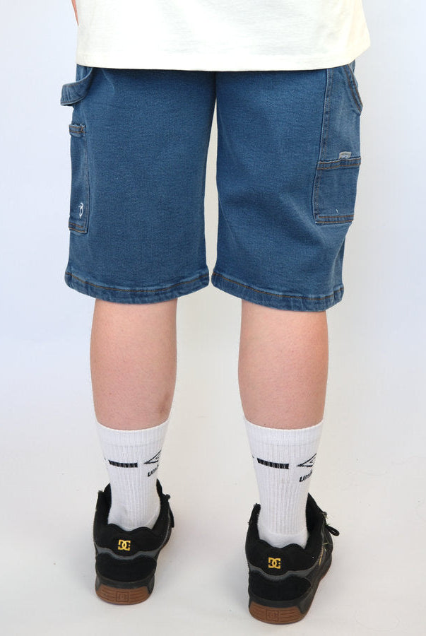 Three sixty clothing loose fit carpenter shorts mid wash blue pair legs blue
