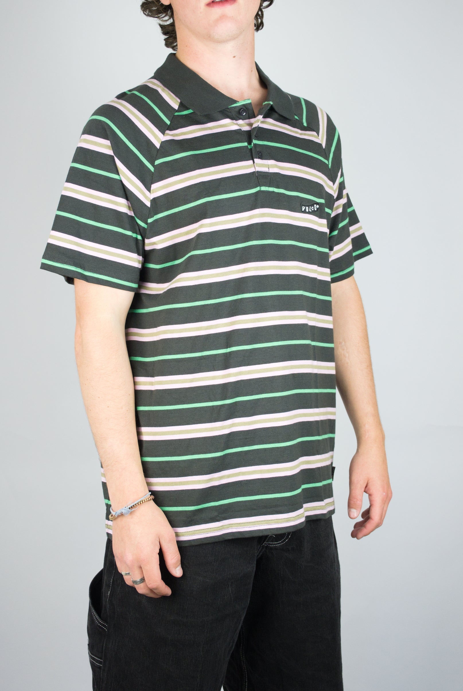 Volcom - edges polo tee shirt - black / pink / green