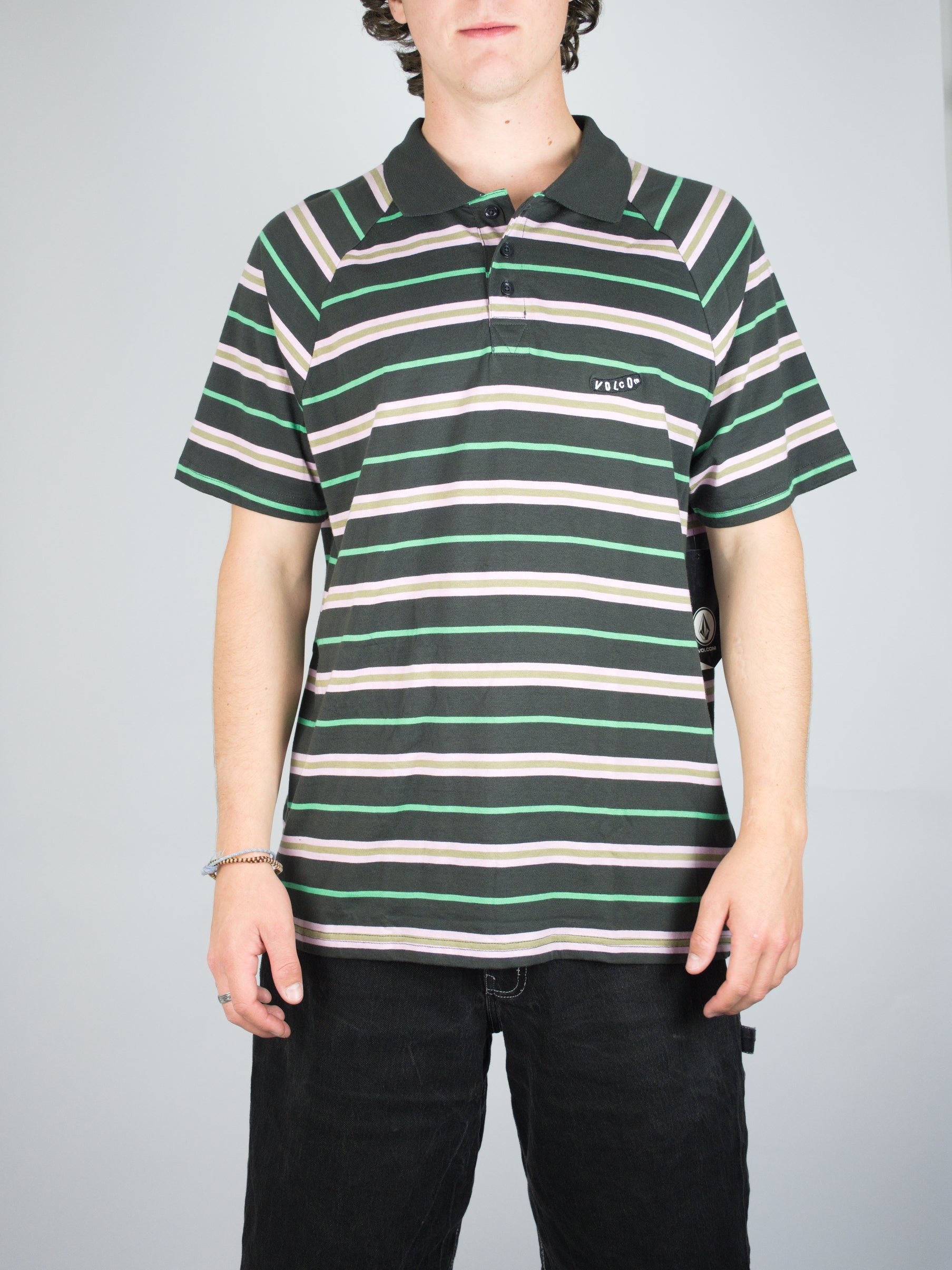 Volcom - edges polo tee shirt - black / pink / green