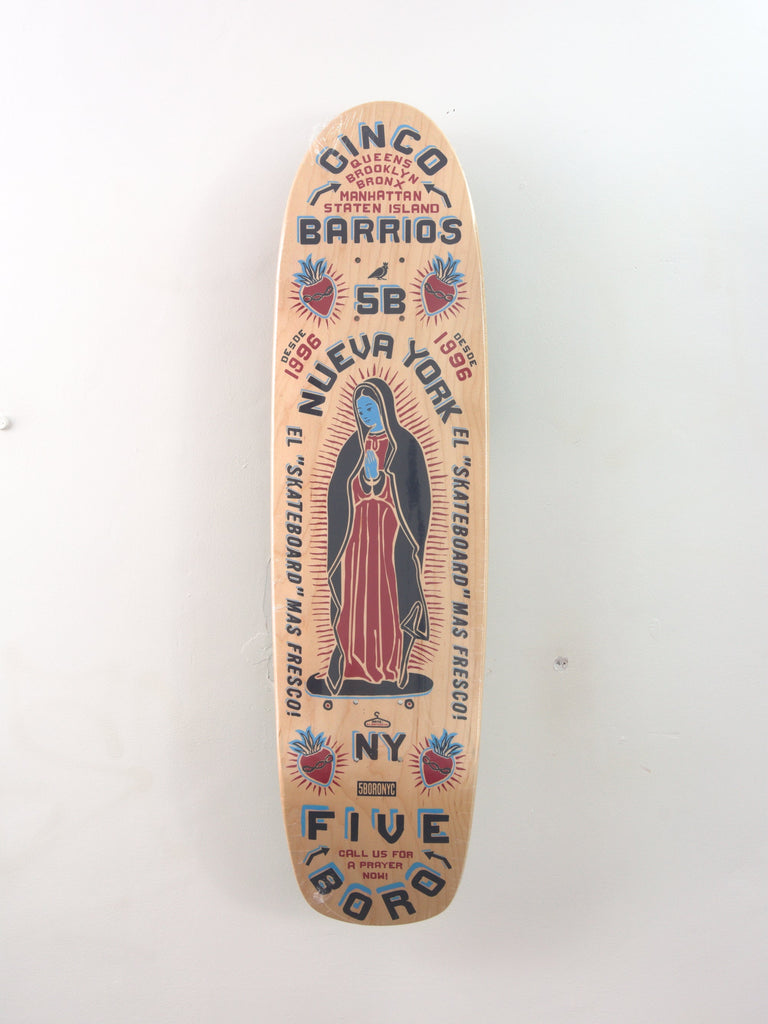 Vintage-inspired Cinqo Barrios Skateboard Deck showcasing religious imagery and text