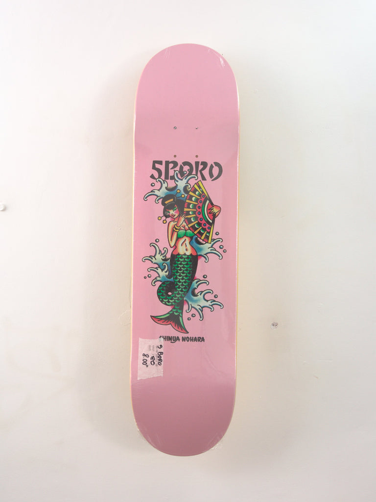 Pink Shinya Nohara skateboard deck featuring colorful mermaid illustration, 8.00 x 32.00