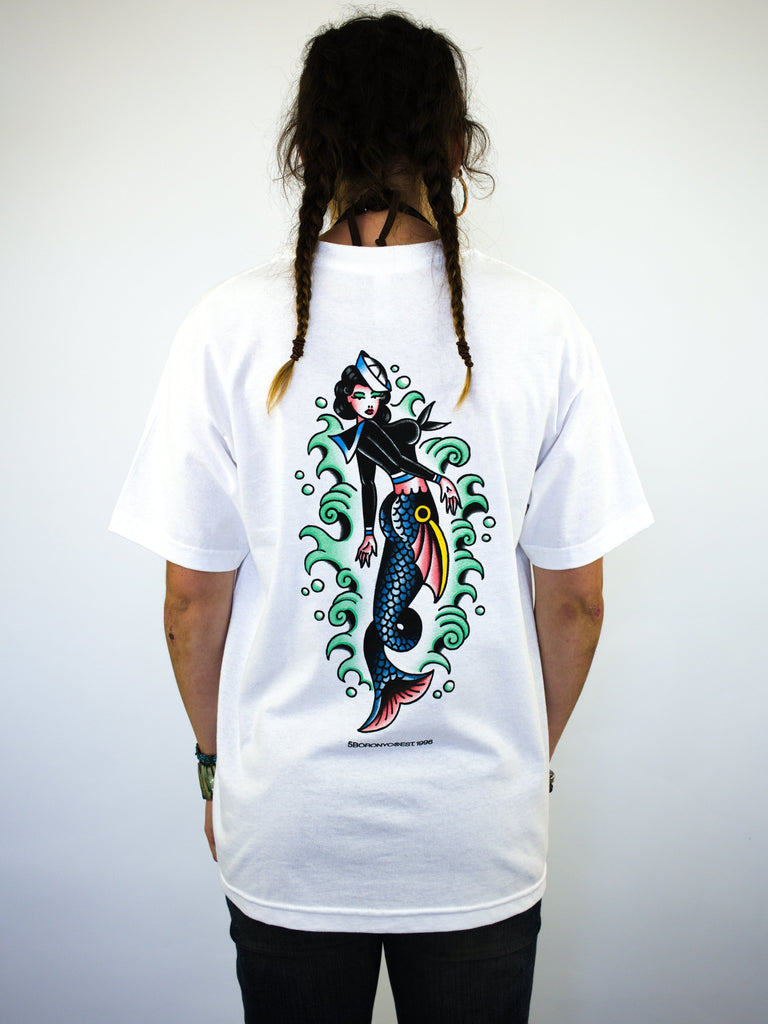 Xl 5 boro - mermaid t shirt - artwork by steve bolts - white - xl last t grind supply company uk