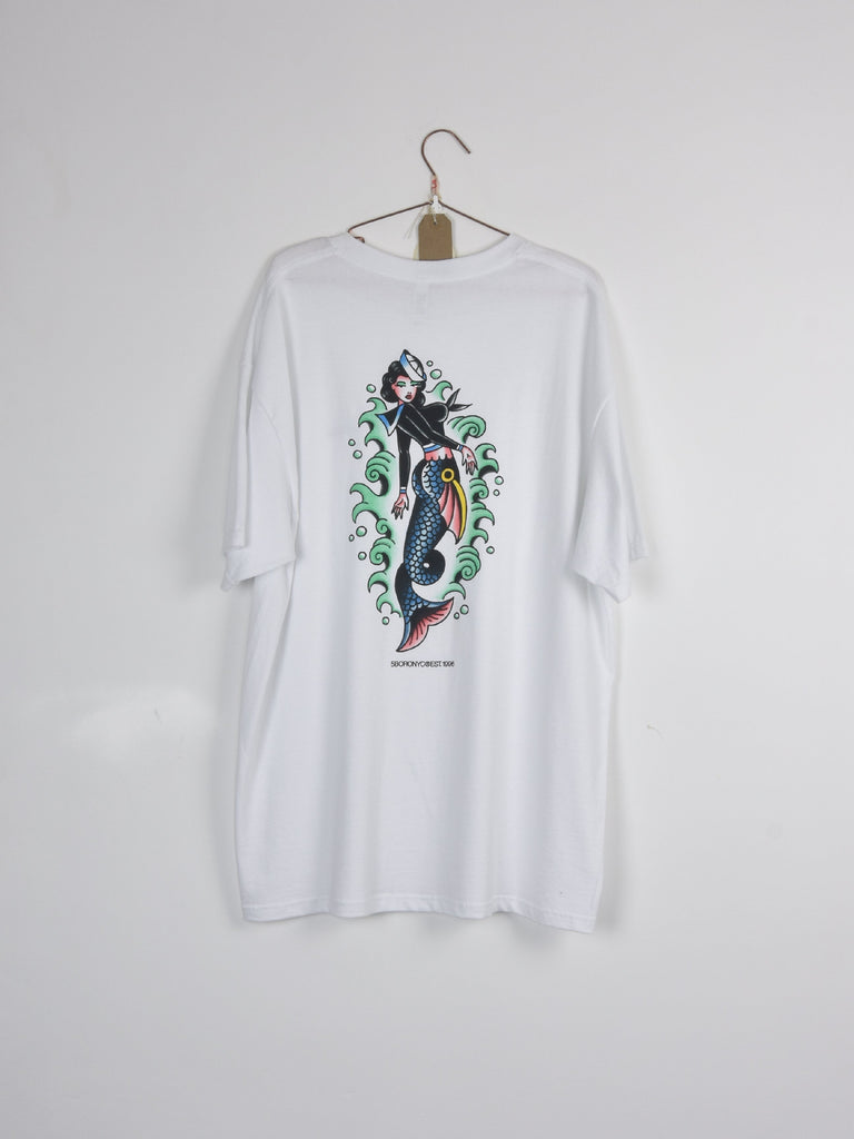 Xl 5 boro - mermaid t shirt - artwork by steve bolts - white - xl last t grind supply company uk