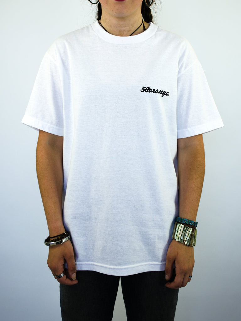 White t-shirt with a small black logo on the chest.