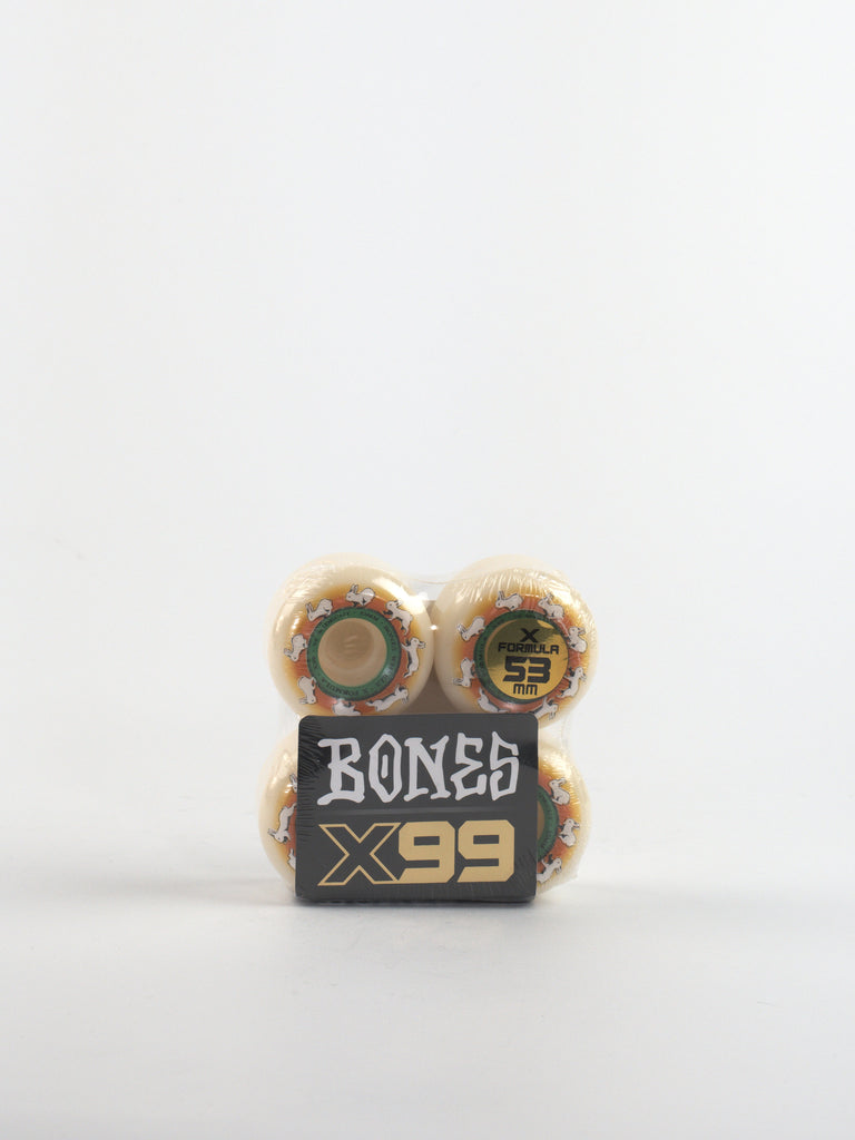 Set of Bones X99 skateboard wheels featuring Runny Bunny design, Formula V6 Widecut 99a