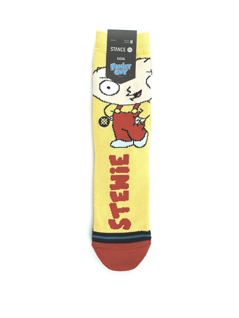 Colorful cartoon character-themed sock featuring a cat-like figure and the word ’Stewie’.