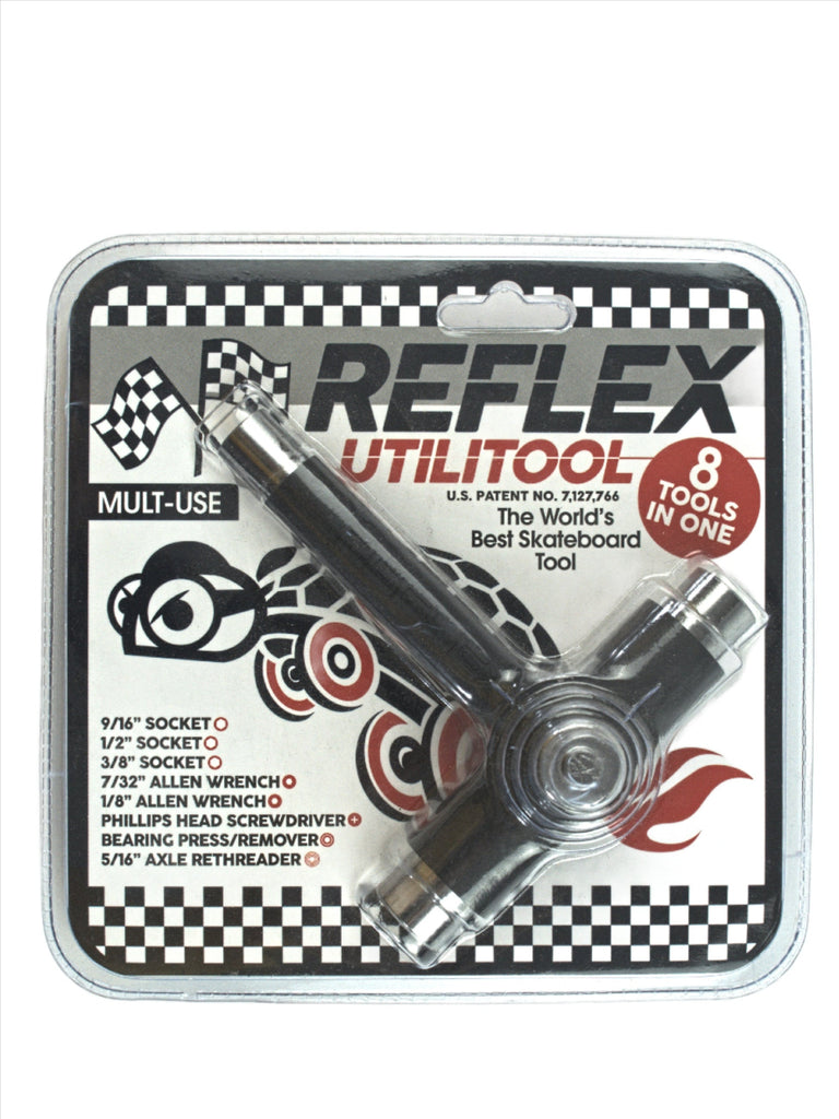 Skateboard multi-tool in Reflex Utilitool case with various socket sizes and functions