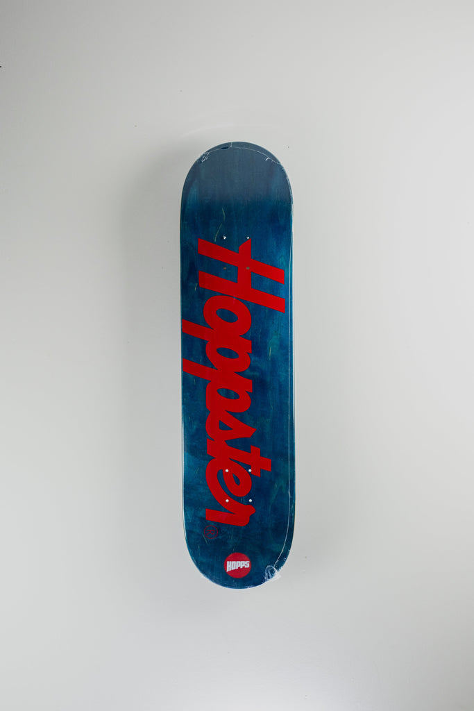 Blue Hopps Hoppster Team Graphic Deck featuring vibrant red logo, dimensions 7.875 x 31.5