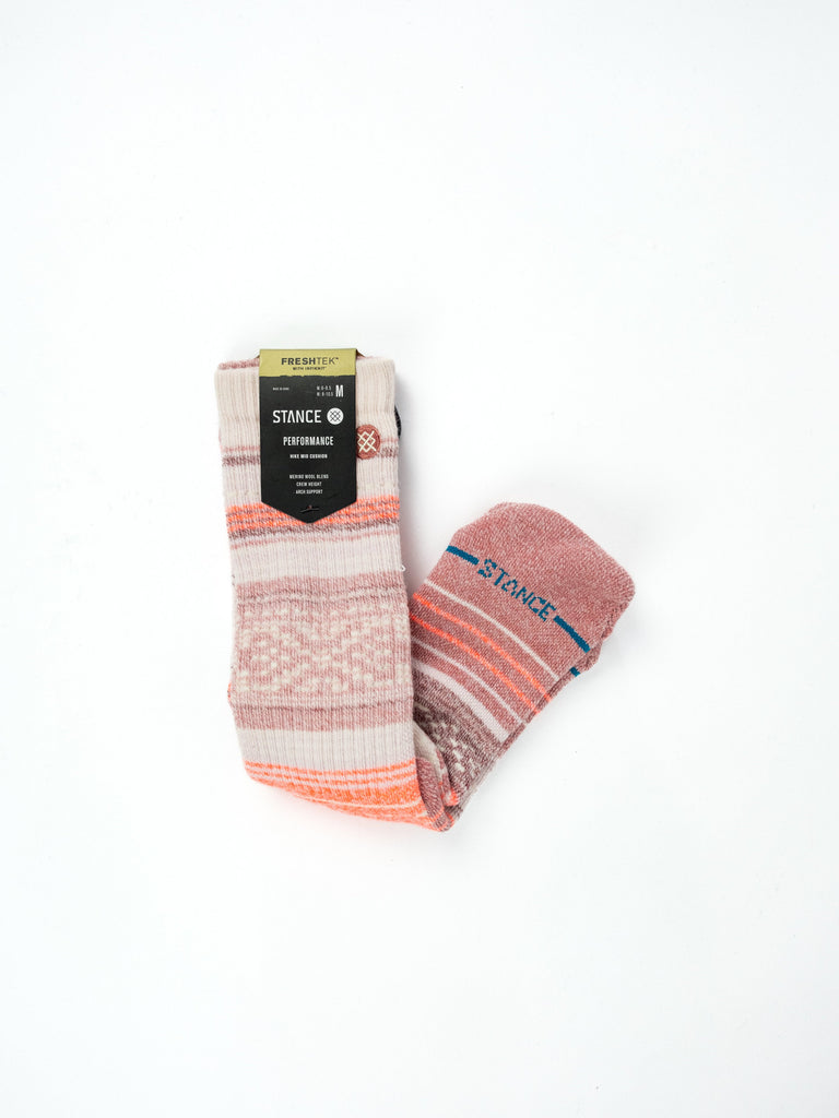 Patterned Windy Peaks Freshtek Socks in pink, orange, and white with Merino wool label