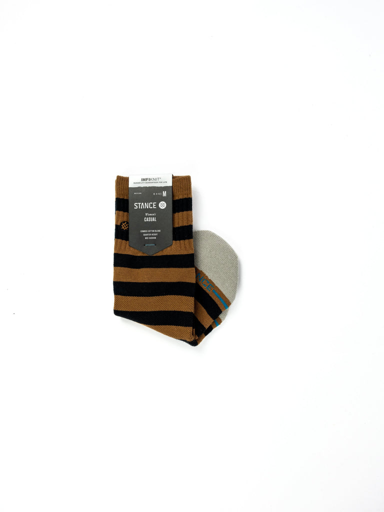 Striped brown and black quarter height Infiknit performance socks by Stance with gray accents