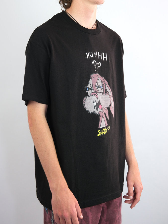 Black Snack Skateboards Buns T Shirt featuring cartoon character graphic and text