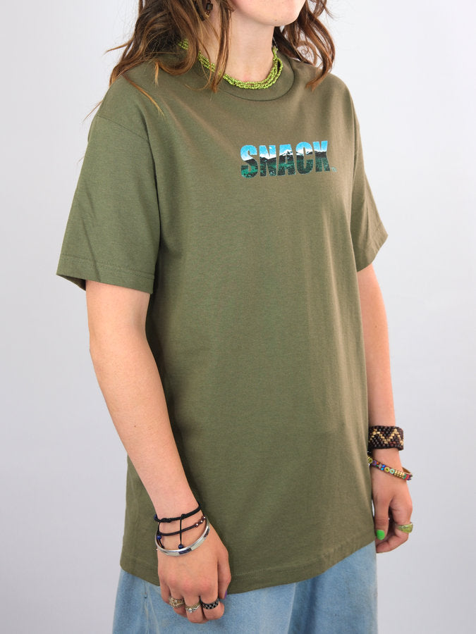 Olive green Snack Skateboards Terrain T Shirt featuring CHAOS in blue and white lettering