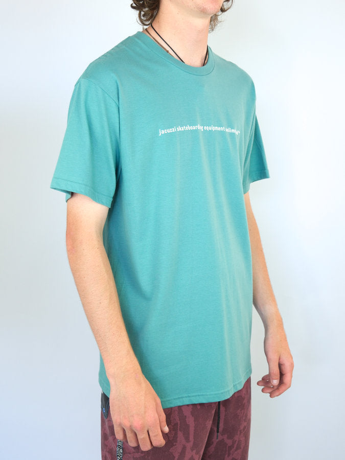 Teal short-sleeved t-shirt with white text across the chest.