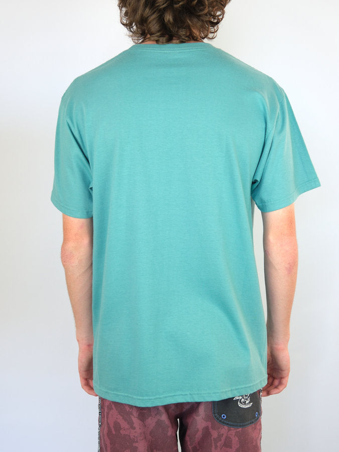 Teal short-sleeved t-shirt shown from the back.