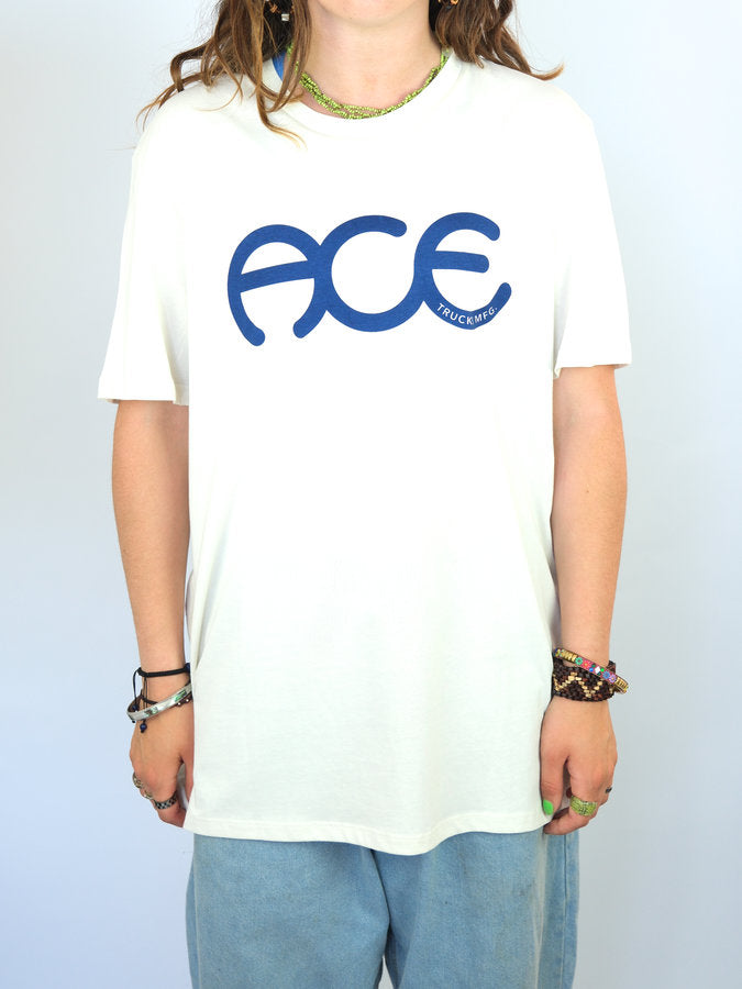 White T-shirt with blue Ace text, featured in Ace Trucks Rings collection at online skateboard shop