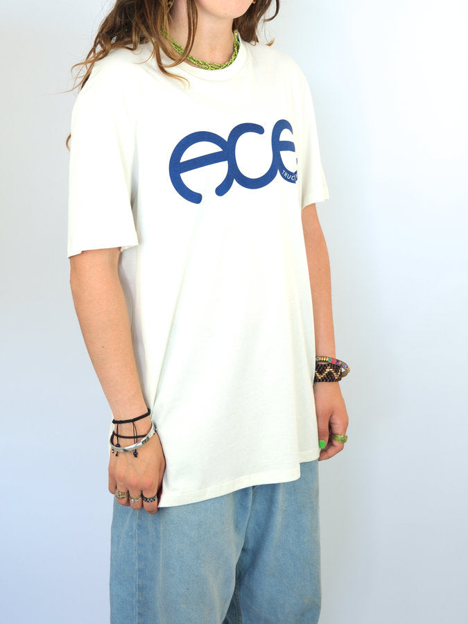 White T-shirt featuring blue ECE text, part of Ace Trucks Rings collection at online skateboard shop