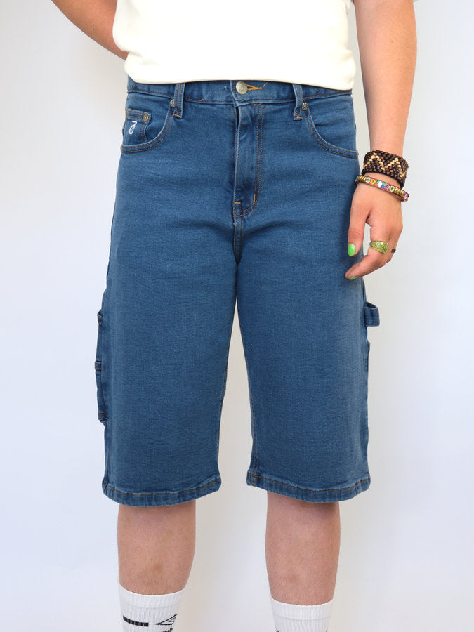 Blue denim cargo shorts with side pockets.