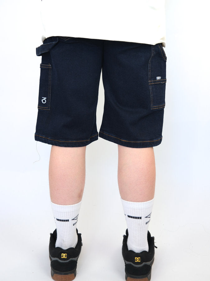 Navy blue cargo shorts with multiple pockets.