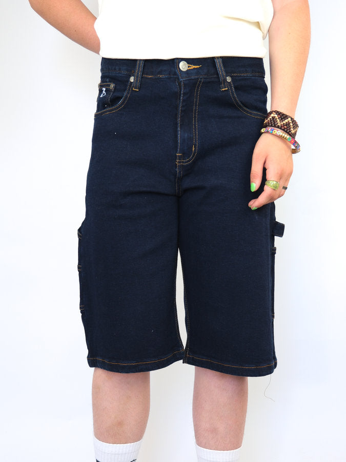 Dark blue denim knee-length shorts with a classic five-pocket design.