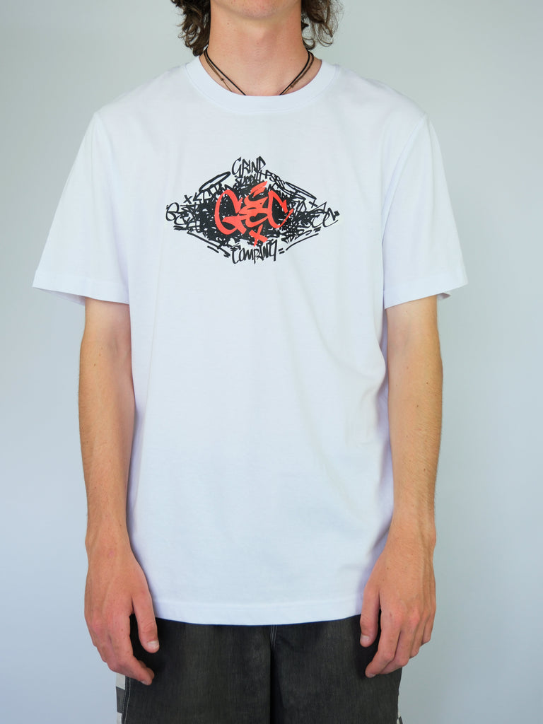 White t-shirt with red and black graphic, part of Grind Supply Co Autumn Pre Order handstyles tee