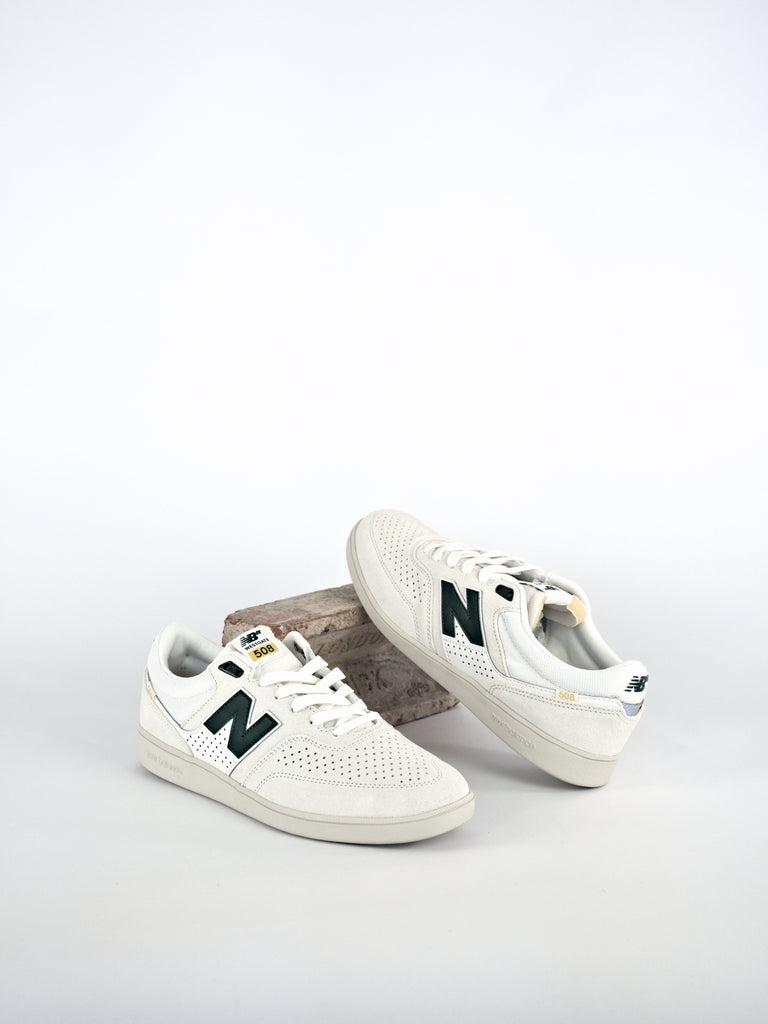 White New Balance Numeric Brandon Westgate 508’s with green accents for skateboarding