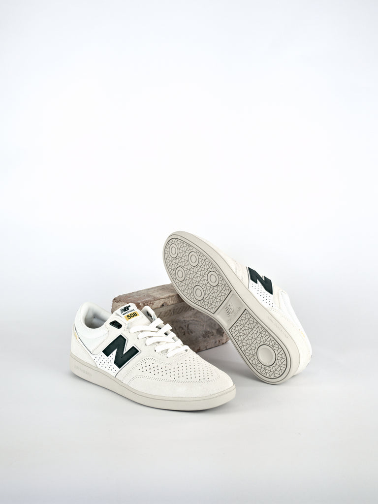 White New Balance Numeric Brandon Westgate 508’s with green accents for pro skate performance