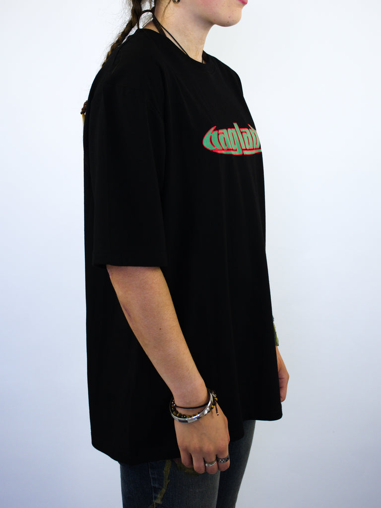 Black Warp Tee Shirt with colorful logo from Bag Lady Supplies in black red green