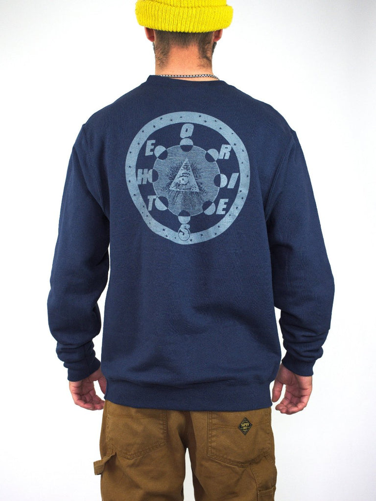 Navy blue sweatshirt with a circular graphic design on the back.