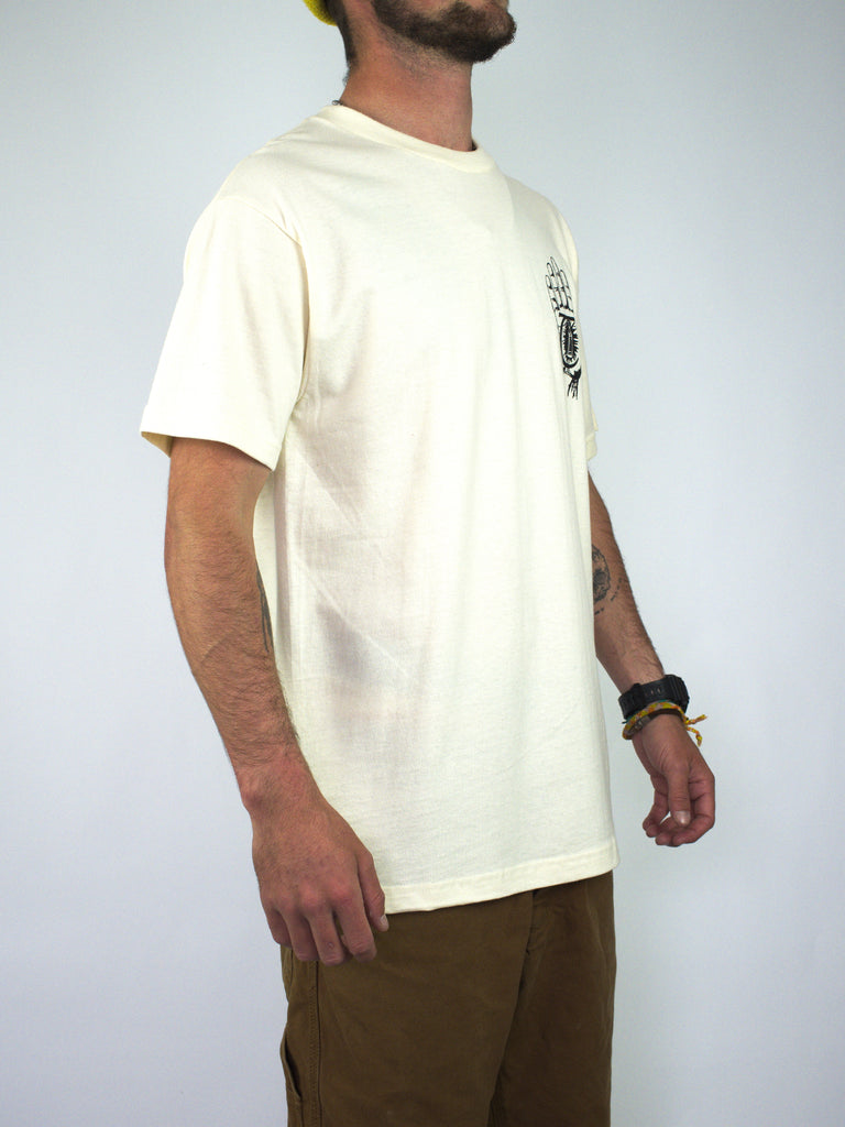 White cream Rasputin tee featuring a small graphic on the chest for stylish comfort