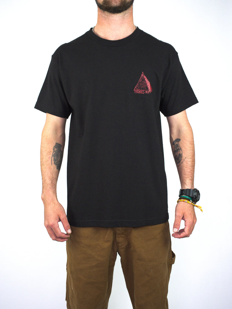 Black tee featuring a small red triangular logo, ideal for skateboarding enthusiasts