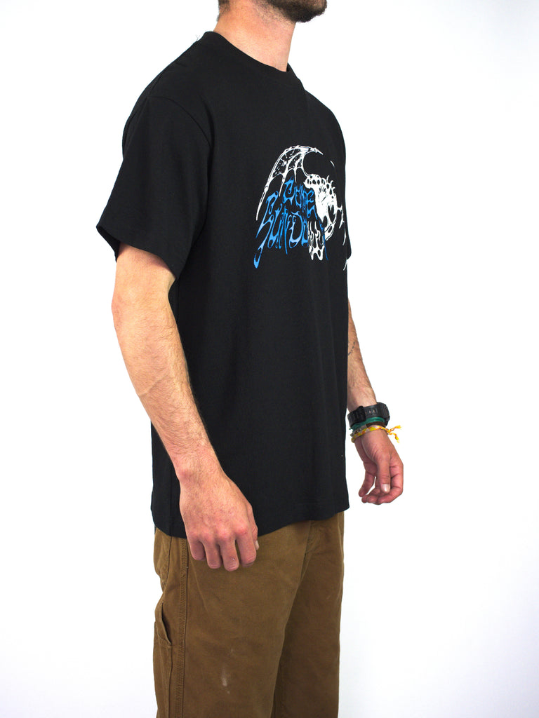 Black t-shirt with a blue and white graphic design on the chest.