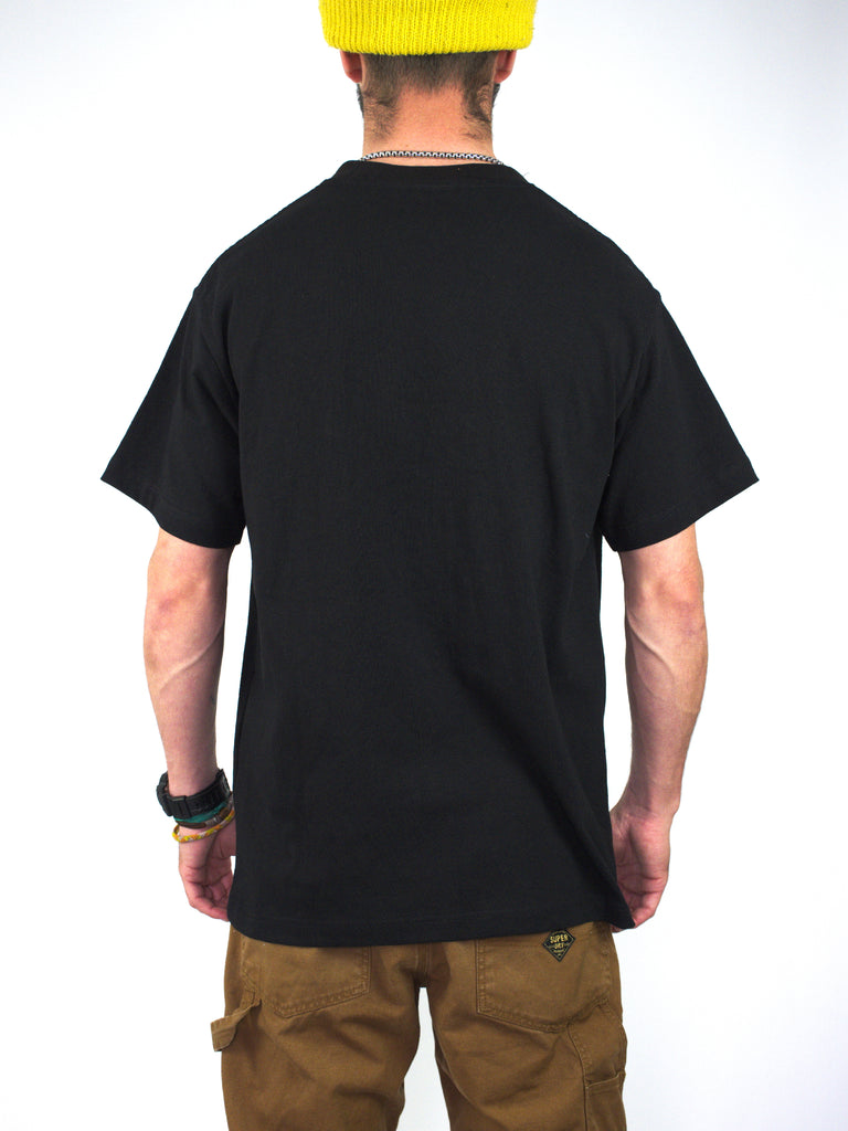 Plain black t-shirt shown from the back.