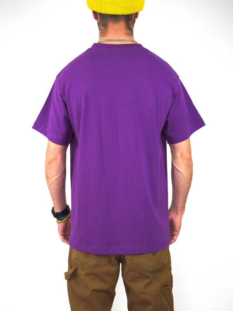 Bright purple short-sleeved t-shirt worn by a person.