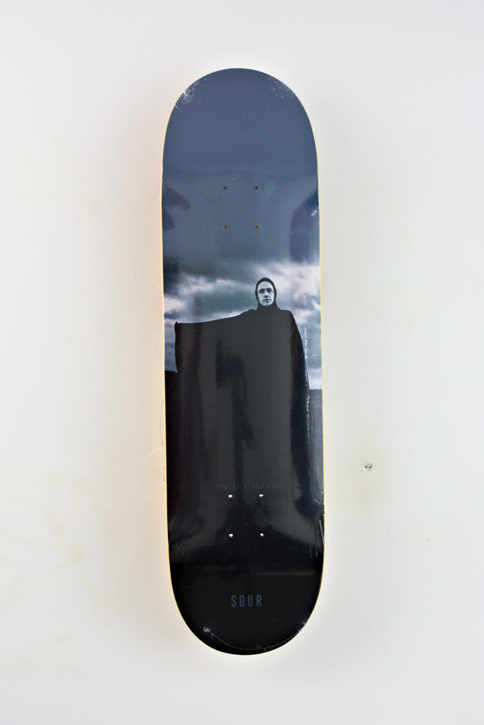 Death Skateboard Deck featuring a dark figure against a stormy sky, Oscar Candon Pro model