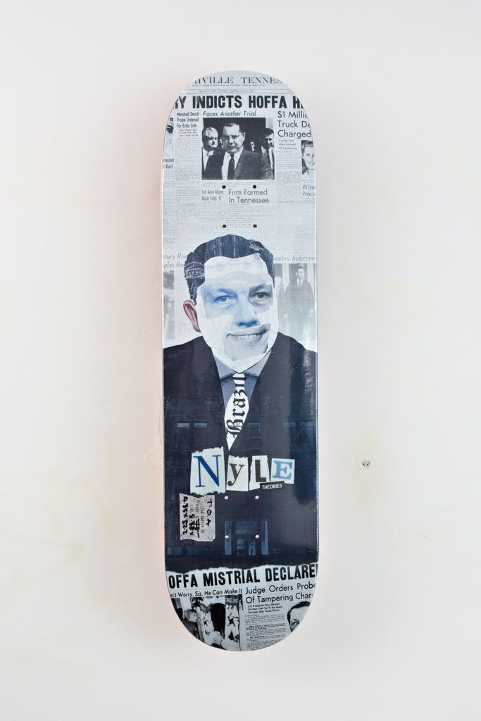 Skateboard deck featuring a black-and-white collage design of Nyle Lovett Hoffa