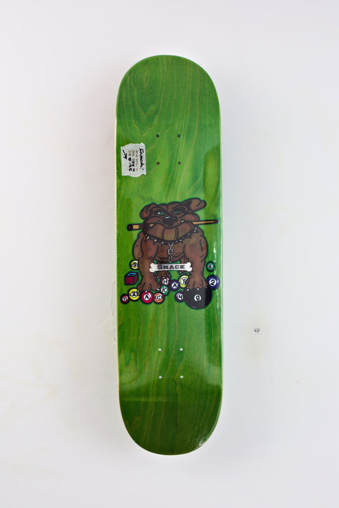 Green Snack Skateboards Billiards Bully skateboard deck with cartoon bear graphic