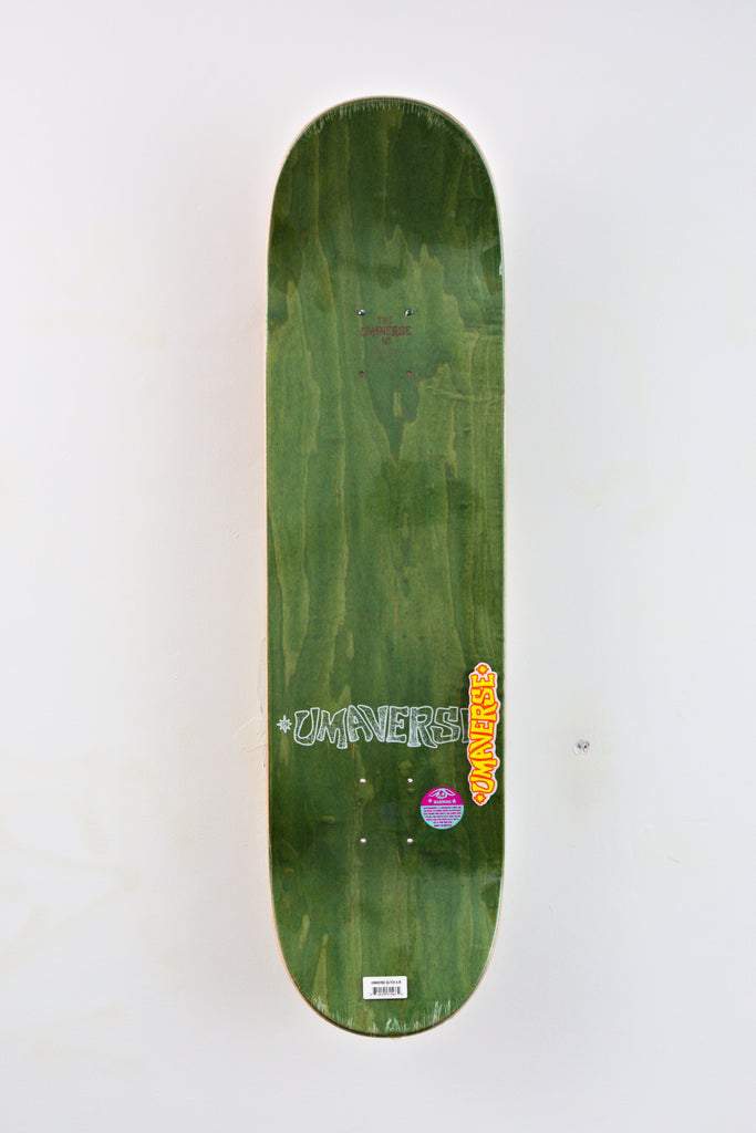 Green Umaverse Glitch Skateboard Deck with vibrant logos and Universe branding showcased