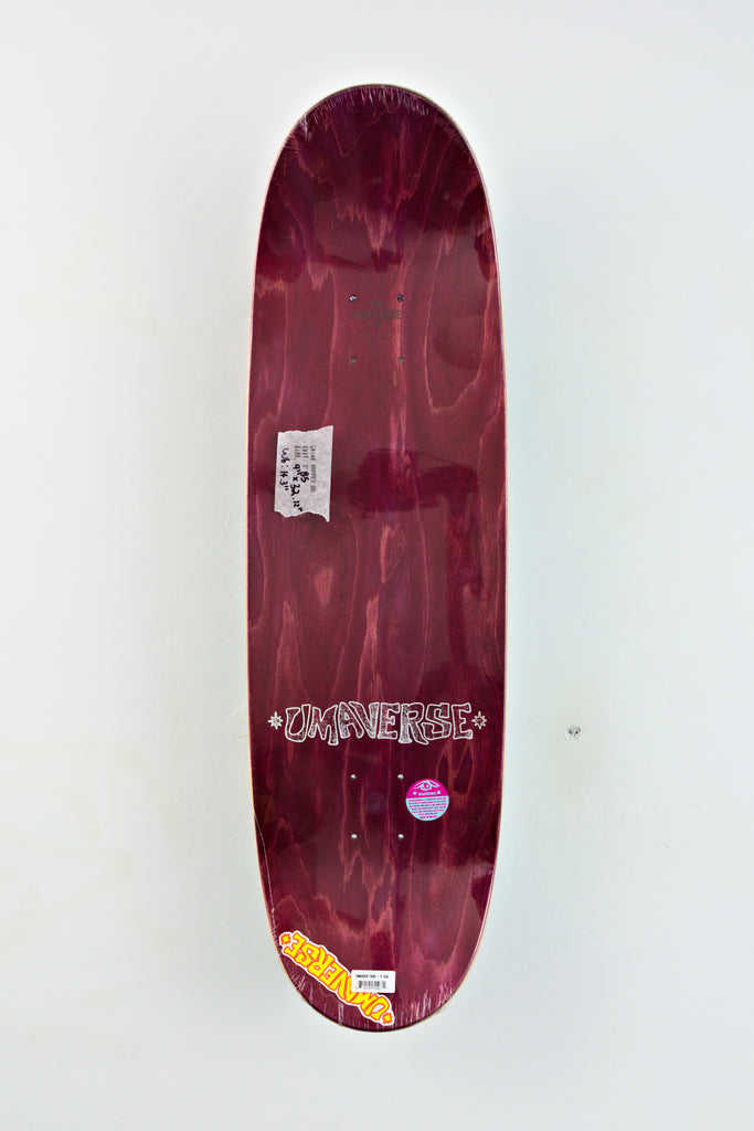 Maroon Umaverse Tribe Egg Skateboard Deck featuring stickers and logo design